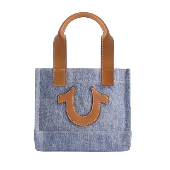 NWT TRUE RELIGION Denim Horseshoe Mini Tote Crossbody Bag Patch Logo Light Blue - Picture 1 of 8